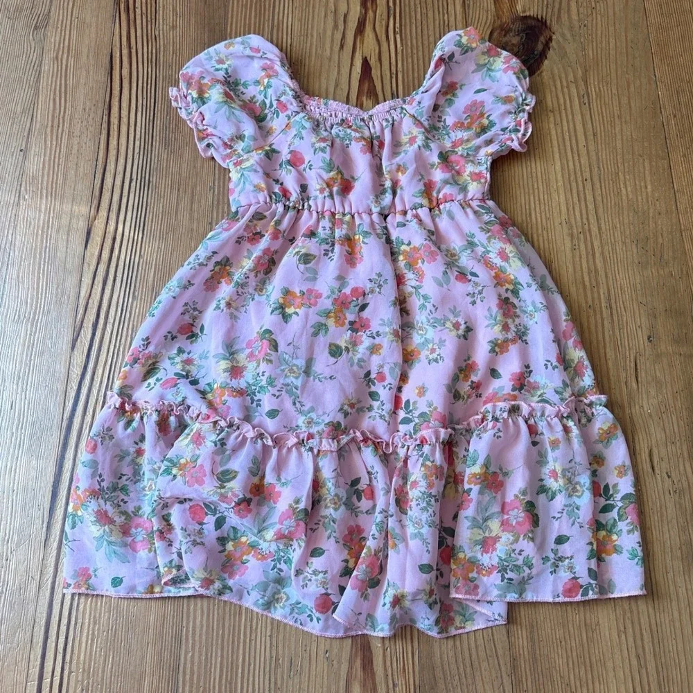 Zenzi Floral‎ Dress Kids Pink Smocked Puff Sleeve Tiered Chiffon SIZE XS 4/5